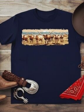 Western Longhorn Cattle Graphic Tee • Ranch Life Cowboy Shirt • Country Western